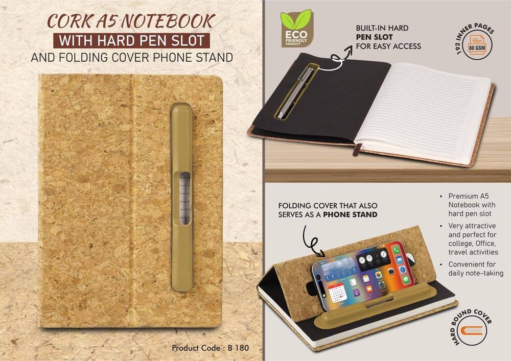 Cork A5 Notebook with Hard pen slot and Folding cover Phone Stand