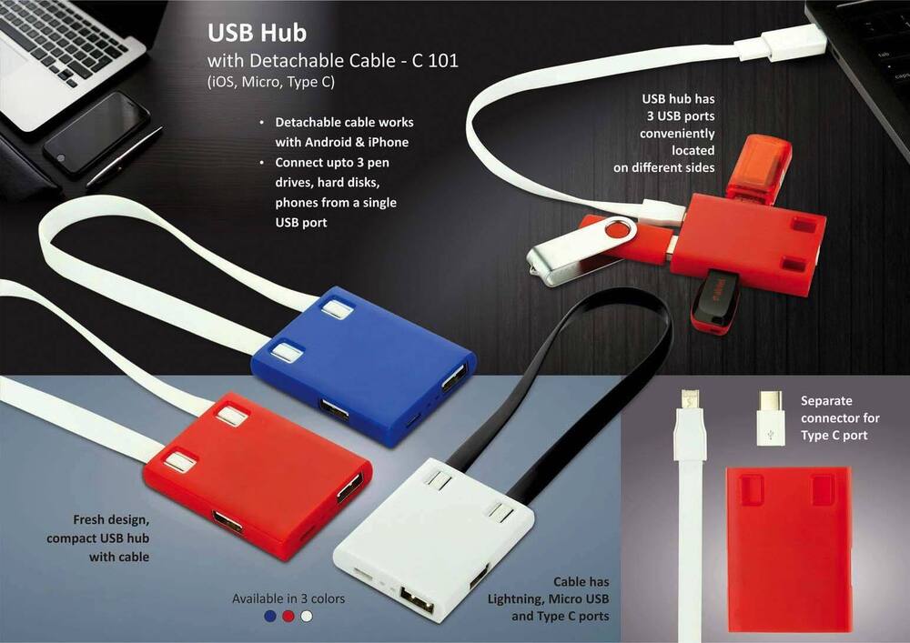 USB Hub with detachable cable (iOS, Micro, Type C) 3 USB Ports