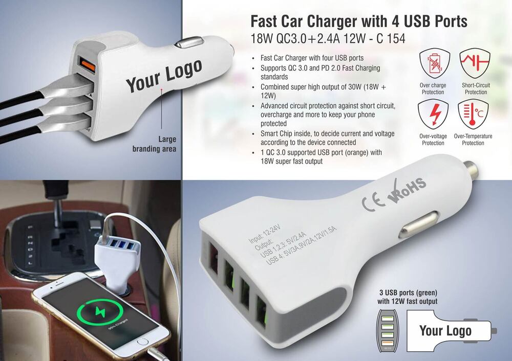 Fast car charger with 4 USB ports 18W QC3.0+2.4A 12W