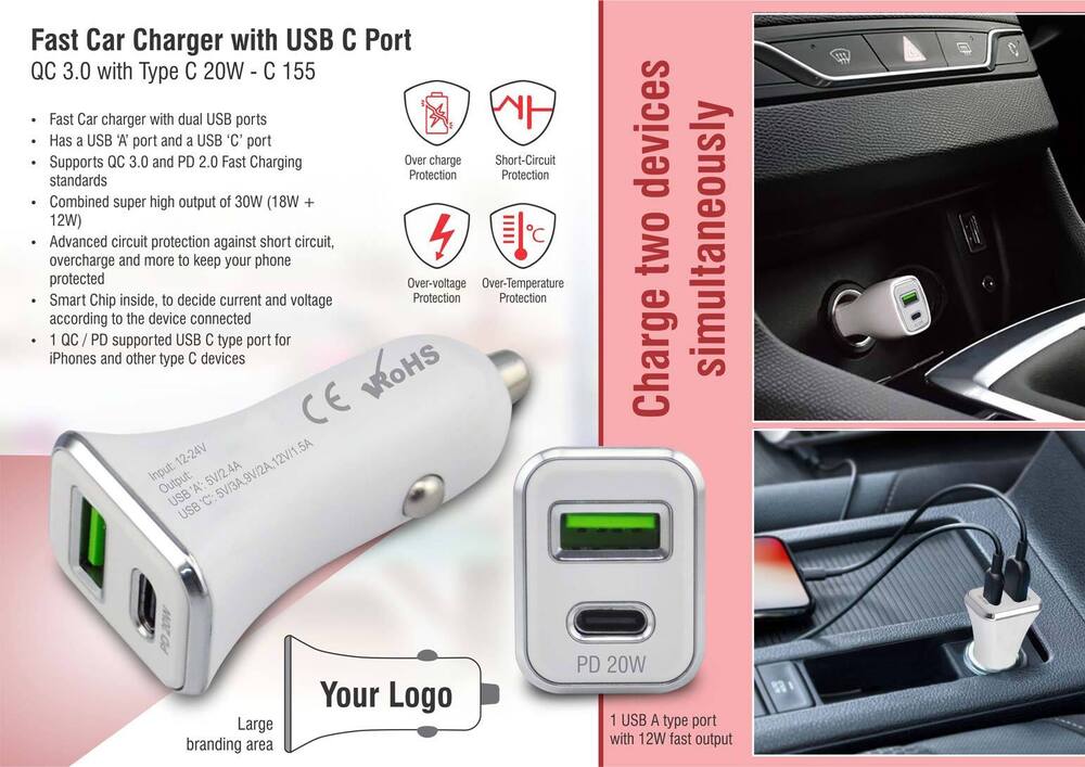 Fast car charger with USB C port QC 3.0 withType C 20W