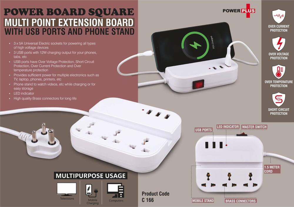 Power Board Square Multi point extension board with USB ports and phone stand
