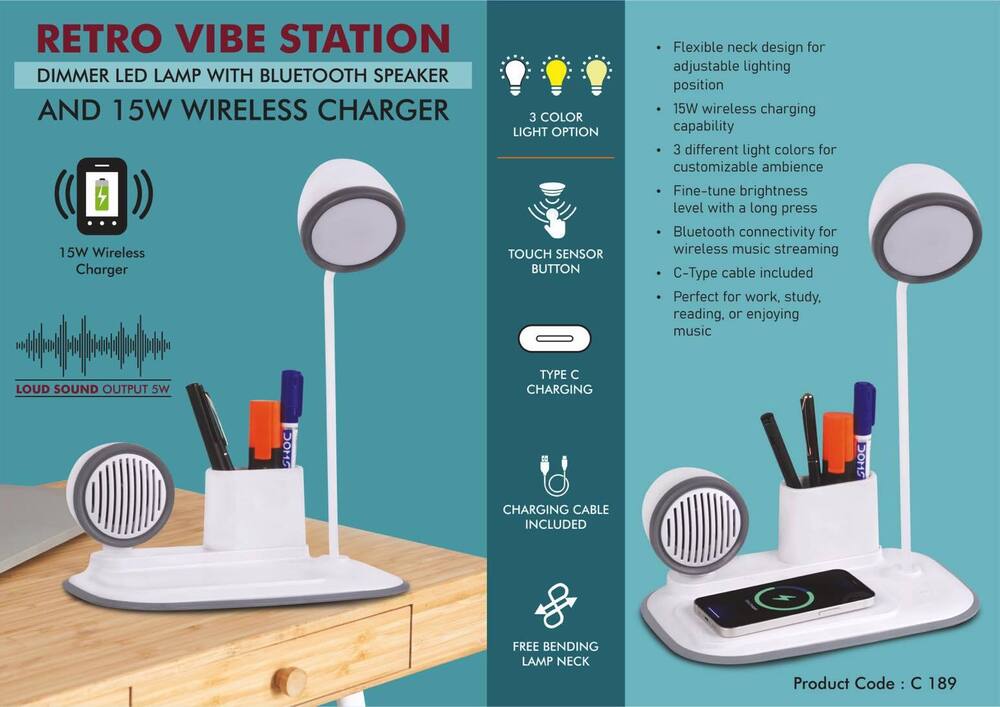 RetroVibe Station Dimmer LED Lamp with Bluetooth speaker & 15W Wireless Charger