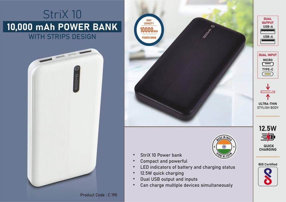 Strix10 10,000 mAh Power bank with Strips design