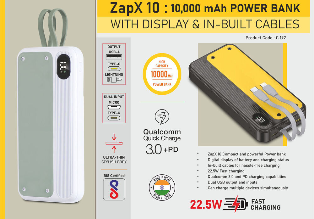 ZapX 10 10,000 mAh Power bank with Display & In-Built Cables