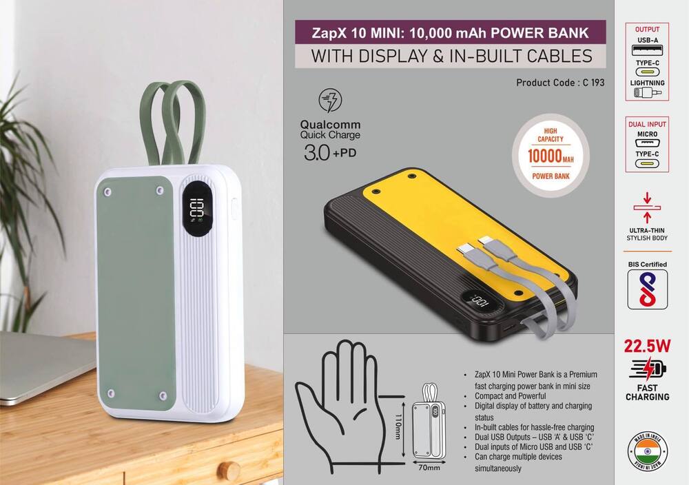 ZapX 10 Mini 10,000 mAh Power bank with Display