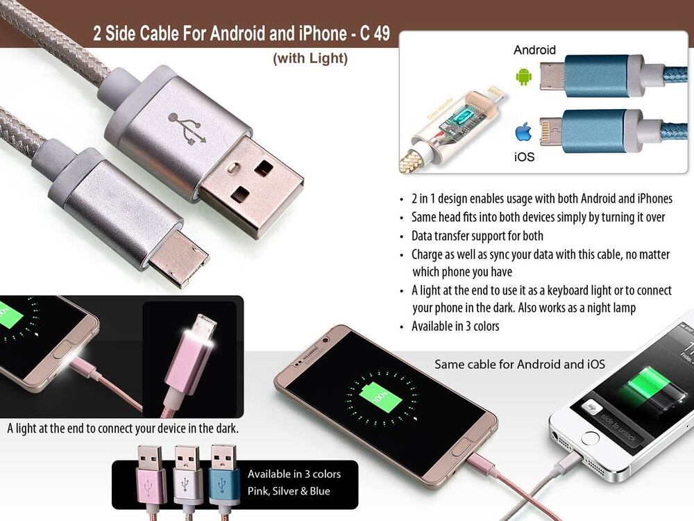 2 side cable for Android and iPhone with light