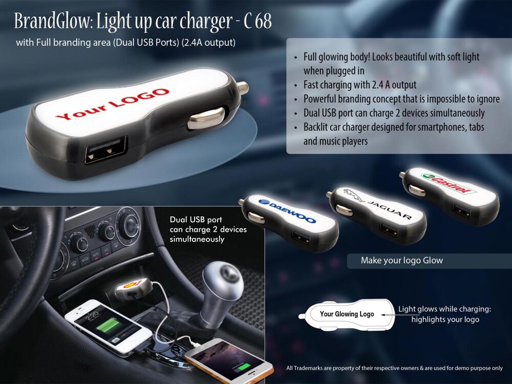 BrandGlow Light up car charger with Full branding area (Dual USB Ports) (2.4A output)