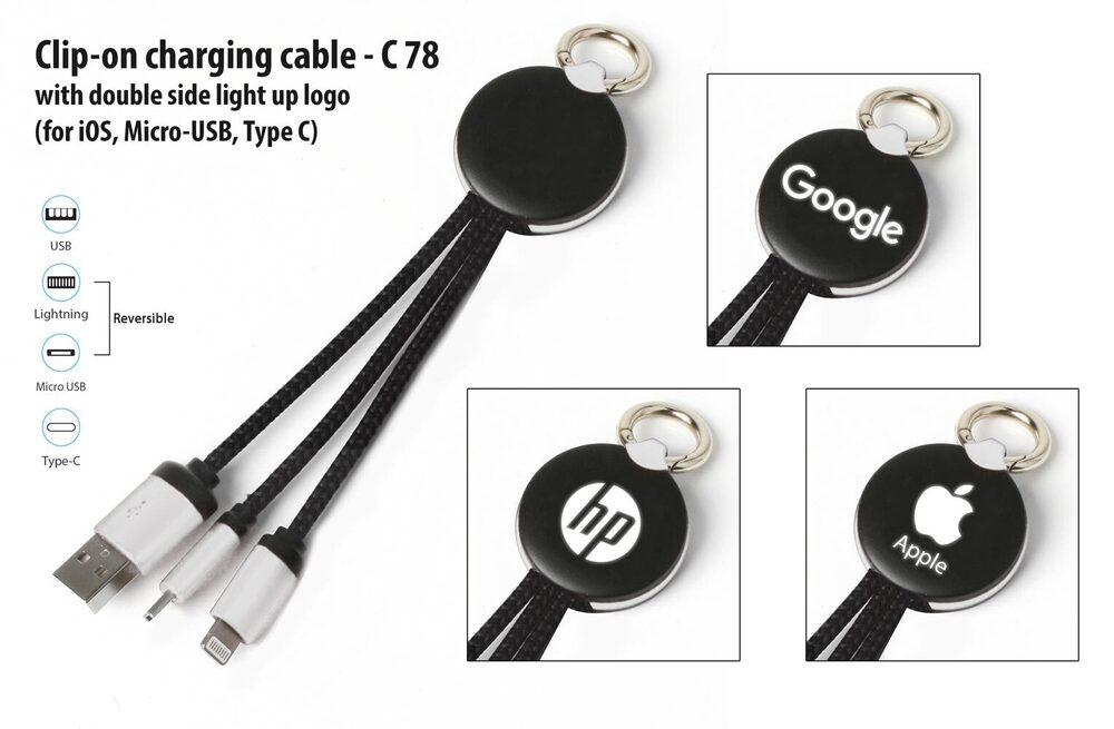Clip-on charging cable with double side light up logo (iOS, Micro-USB, Type C)