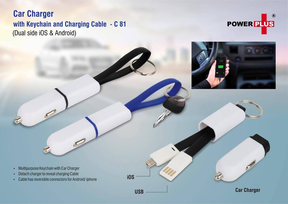 Car charger with keychain and charging cable (dual side iOS & Android)