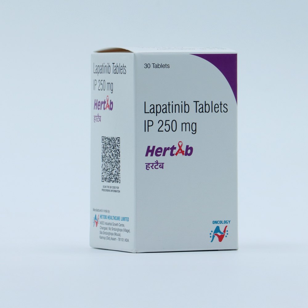 Hertab 250mg Tabs - Lapatinib 250mg Yellow Oval Tablets, Blister Pack 30 | Antineoplastic For Her2-positive Breast Cancer, Oral, Dcgi Approved