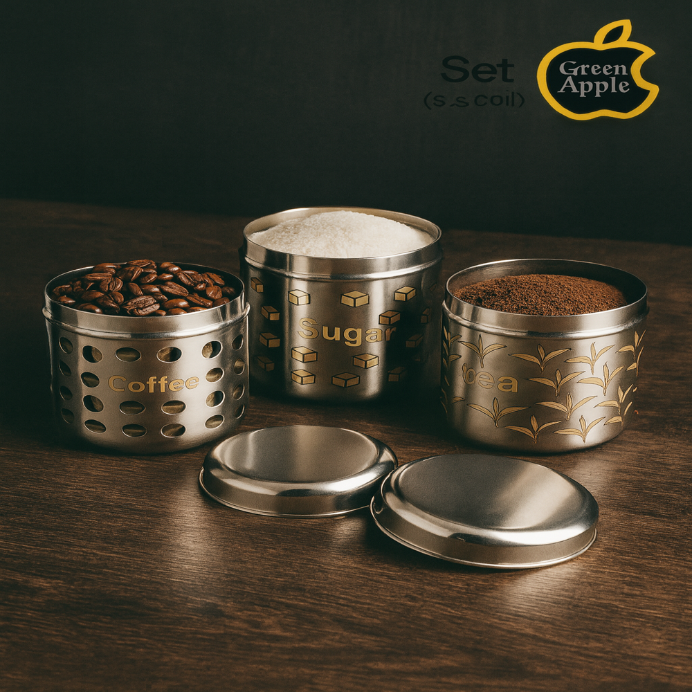 Green Apple Premium Stainless Steel Tea Coffee Sugar Container Set | 3-Piece Airtight Kitchen Storage Jars | Matt Finish, Made in India