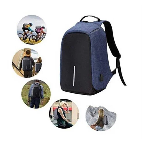 Polyester Plain Anti Theft Backpack - Polyester Material, Medium Size, Blue And Black Color, Adjustable Strap, Zipper Closure, 20kg Capacity | Handles Included