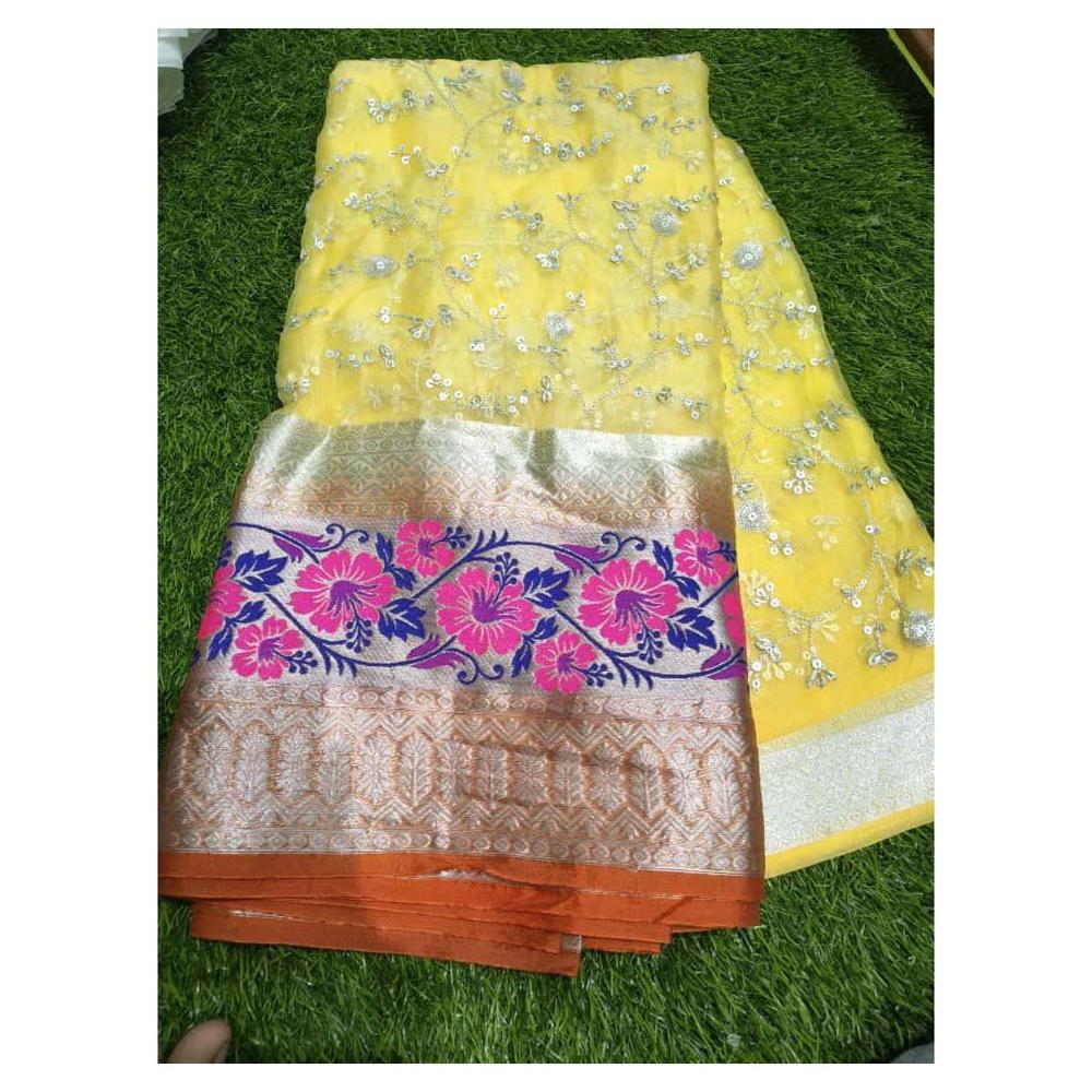 Embroidery Multi Sequence Work Organza Fabric for Lehenga