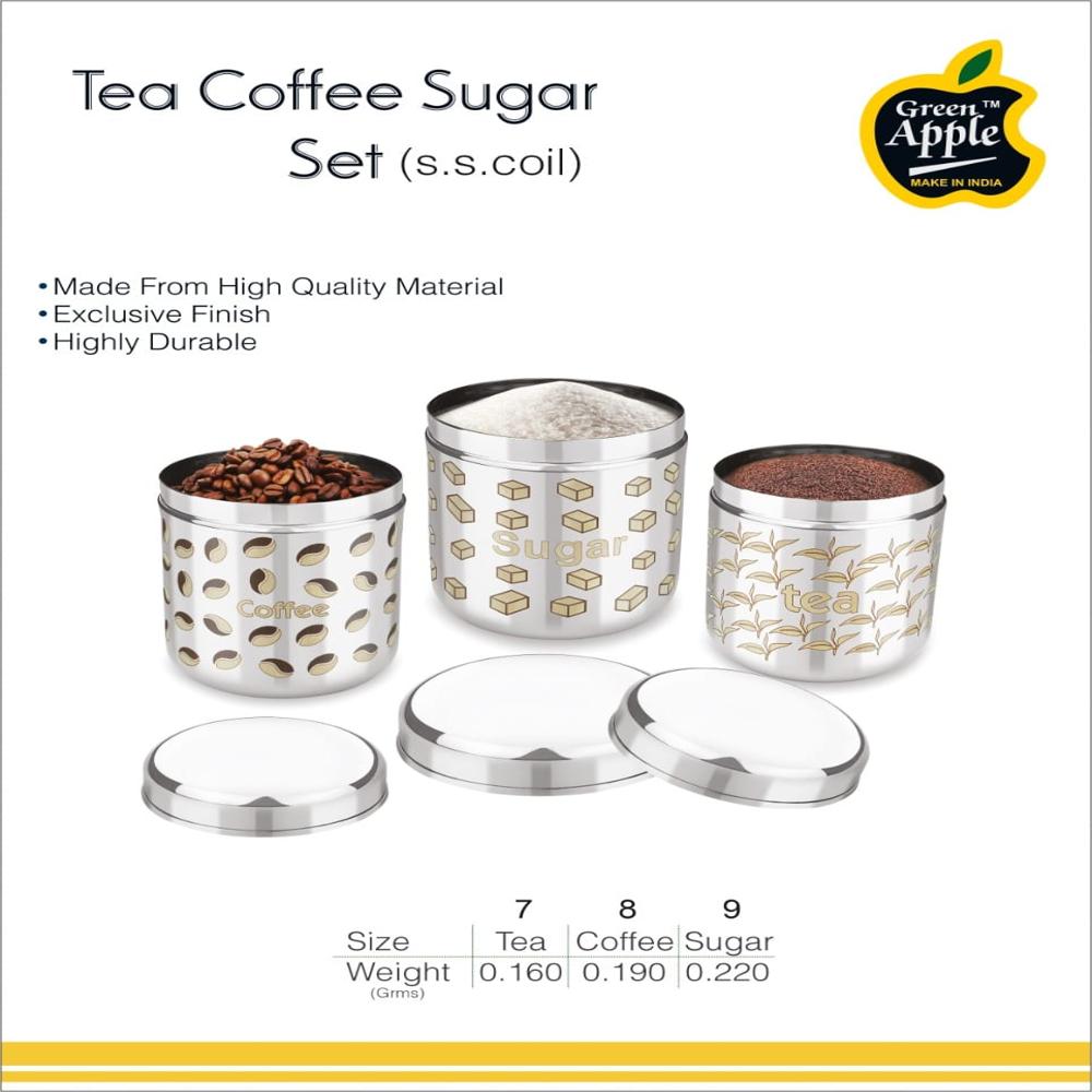 Green Apple Premium Stainless Steel Tea Coffee Sugar Container Set | 3-Piece Airtight Kitchen Storage Jars | Matt Finish, Made in India