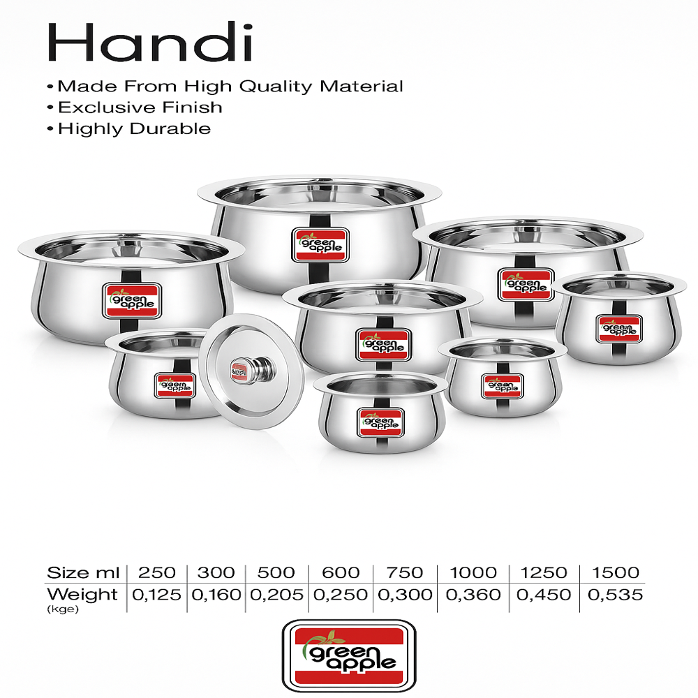 Stainless Steel Serving Handi Set With Lid - Mirror Finish, Heavy Gauge - 250ml To 1500ml For Home and Catering