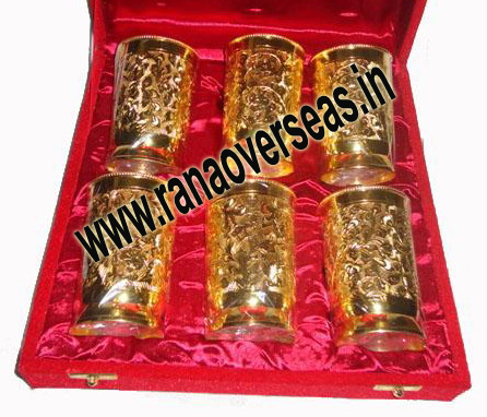 Golden Gold Plated 24K Glass Set Of 6 Pcs Developed In Brass Metal.