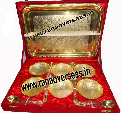 Golden Gold Plated 24K Bowl Set With Spoon And Tray Developed In Brass Metal.