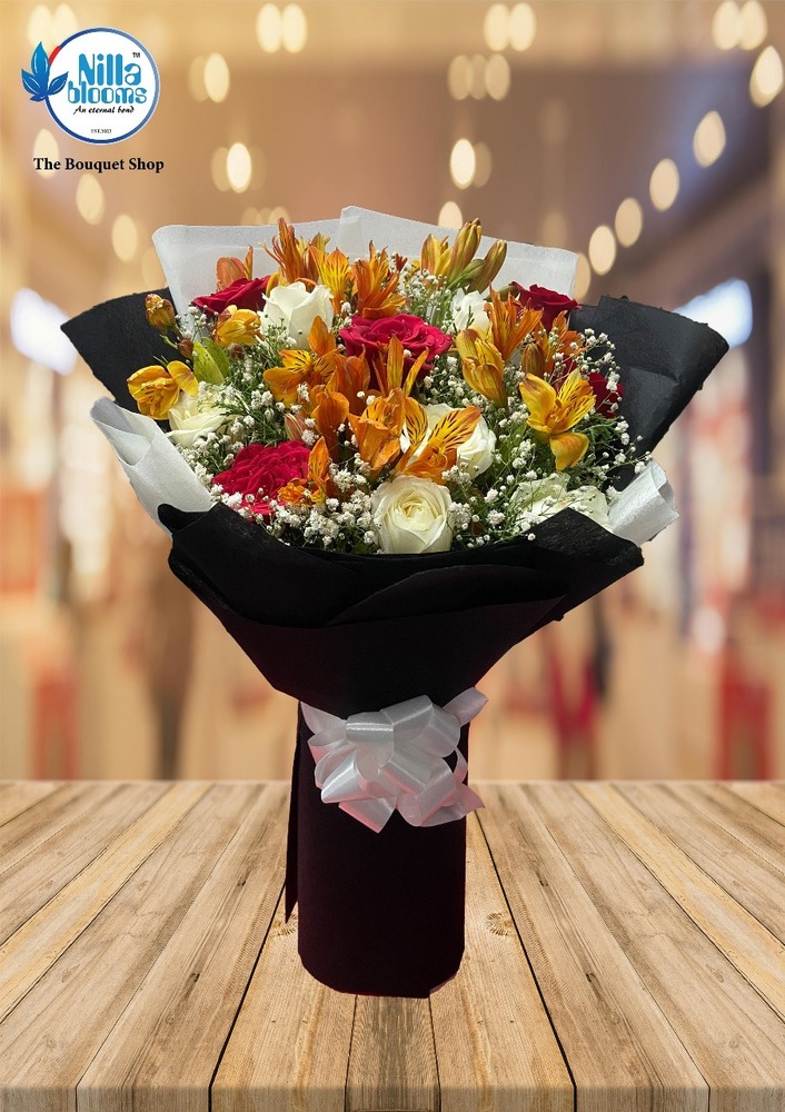 Colorful Flowers With Black And White Color Wrapping Bouquet - Color: Multi Colour
