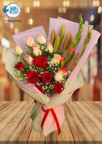 Red And Pink Roses, Lily And Gladiolus Flowers Foam Arrangement Bouquet - Color: Multi Colour