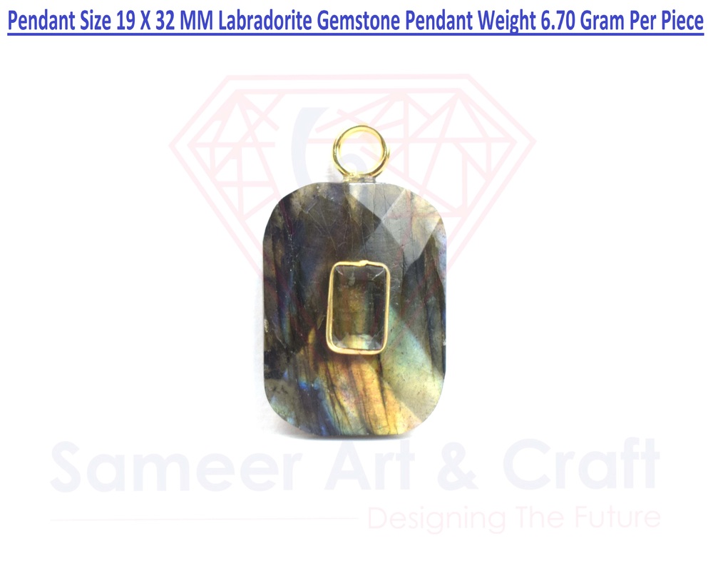 Rectangle Shape Labradorite Gemstone Pendant Brass With 18k Gold Plated