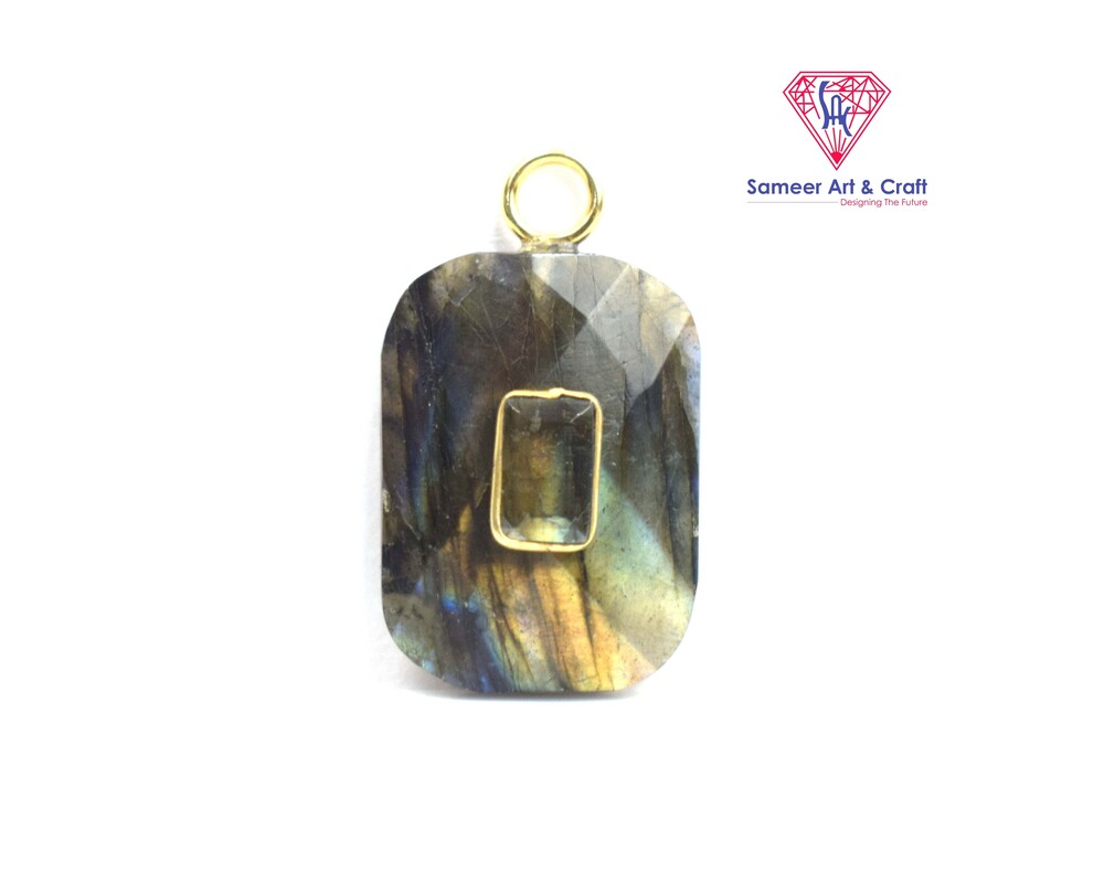 Rectangle Shape Labradorite Gemstone Pendant Brass With 18k Gold Plated