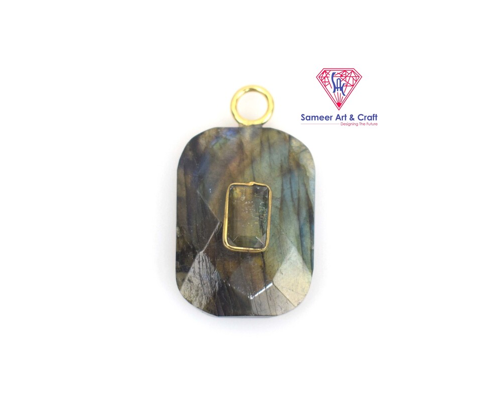 Rectangle Shape Labradorite Gemstone Pendant Brass With 18k Gold Plated