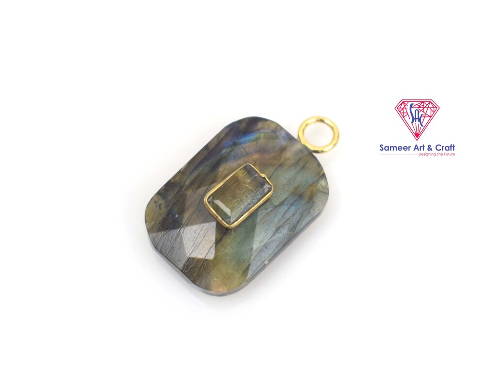 Rectangle Shape Labradorite Gemstone Pendant Brass With 18k Gold Plated