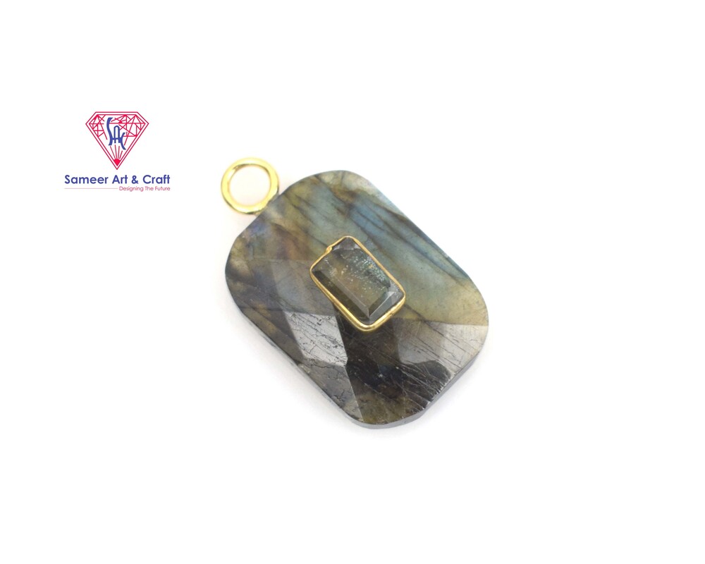 Rectangle Shape Labradorite Gemstone Pendant Brass With 18k Gold Plated