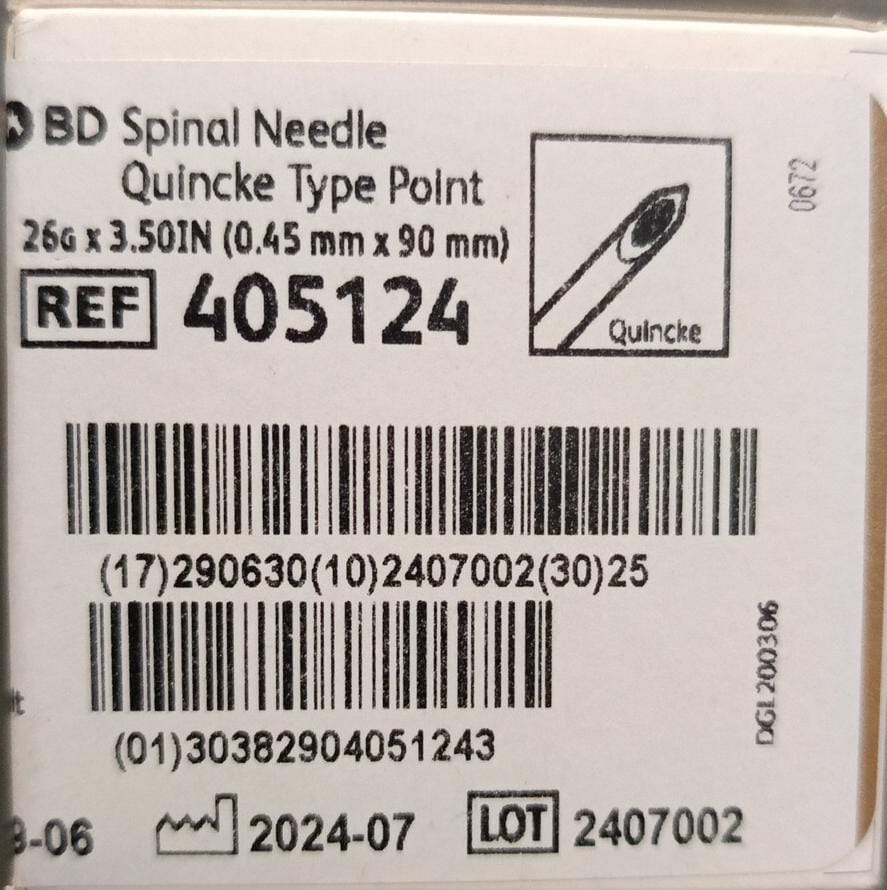 Spinal Needle 26G - Attributes: Sharp Beveled Tip   Sterile & Pyrogen-Free   Color-Coded Hub   Disposable