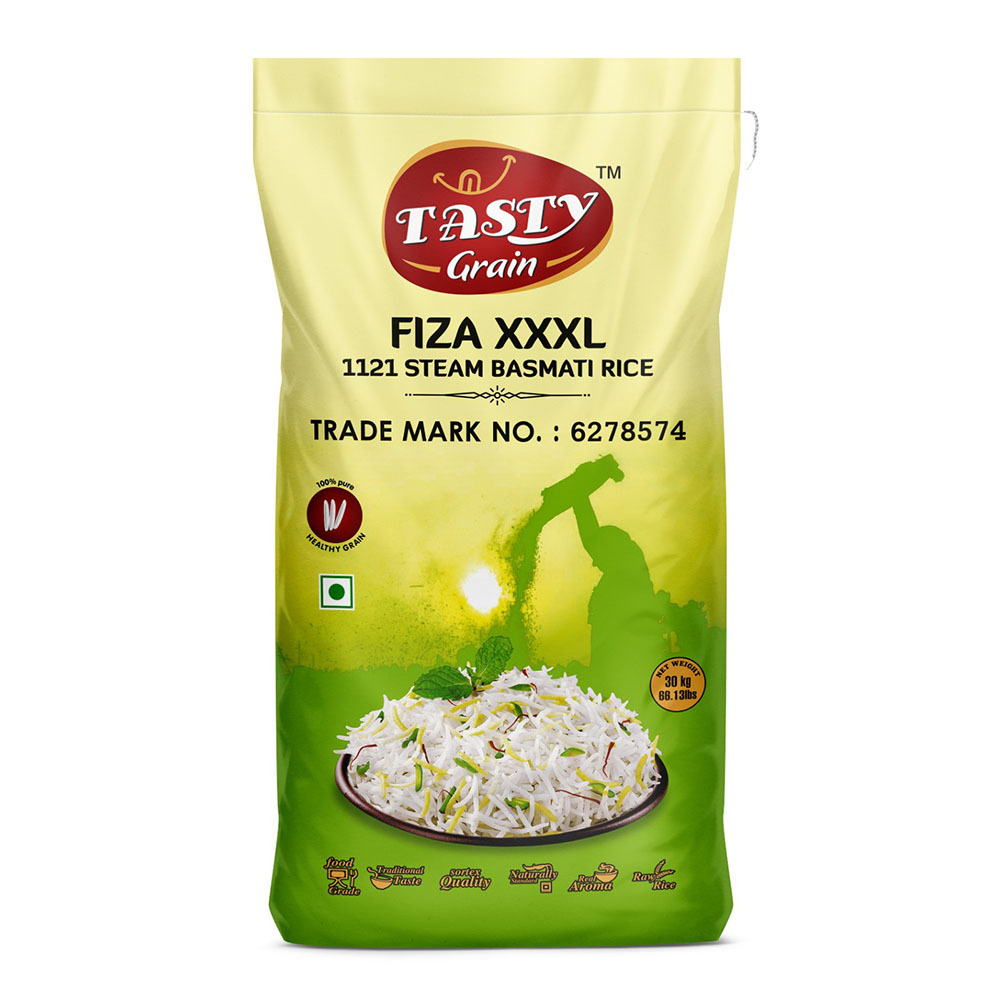 Tasty Grain Fiza XXXL Steam - 1121 Steam Basmati Rice, 5kg White Bag, <1% Broken, High Purity, Aromatic