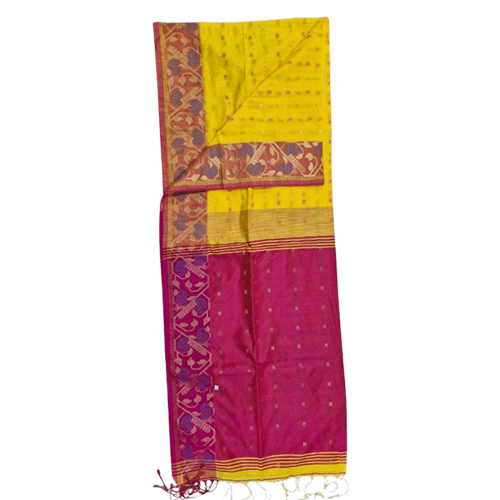 Yellow Rani Colour Handloom Buti Work Saree - Fabric Type: Khadi