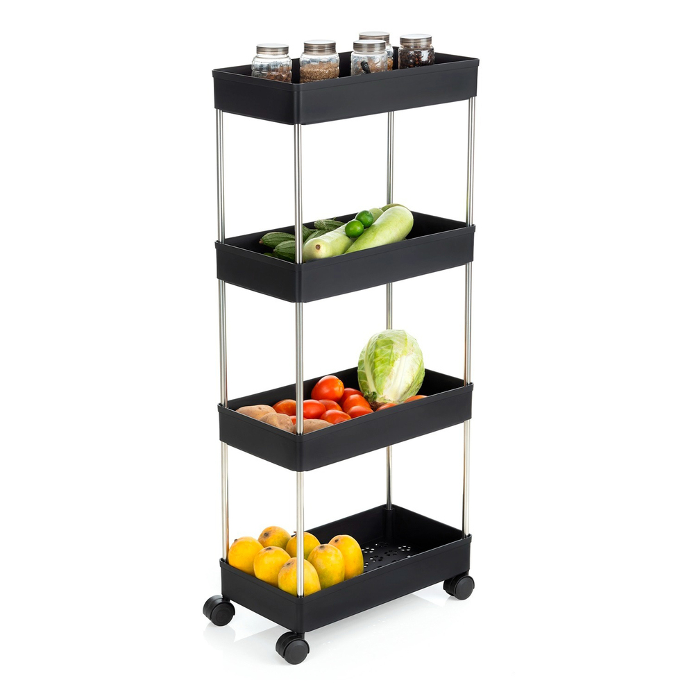 4 Step Rack Shelf Storage Trolley With Wheels For Kitchen - Features: Easy To Clean