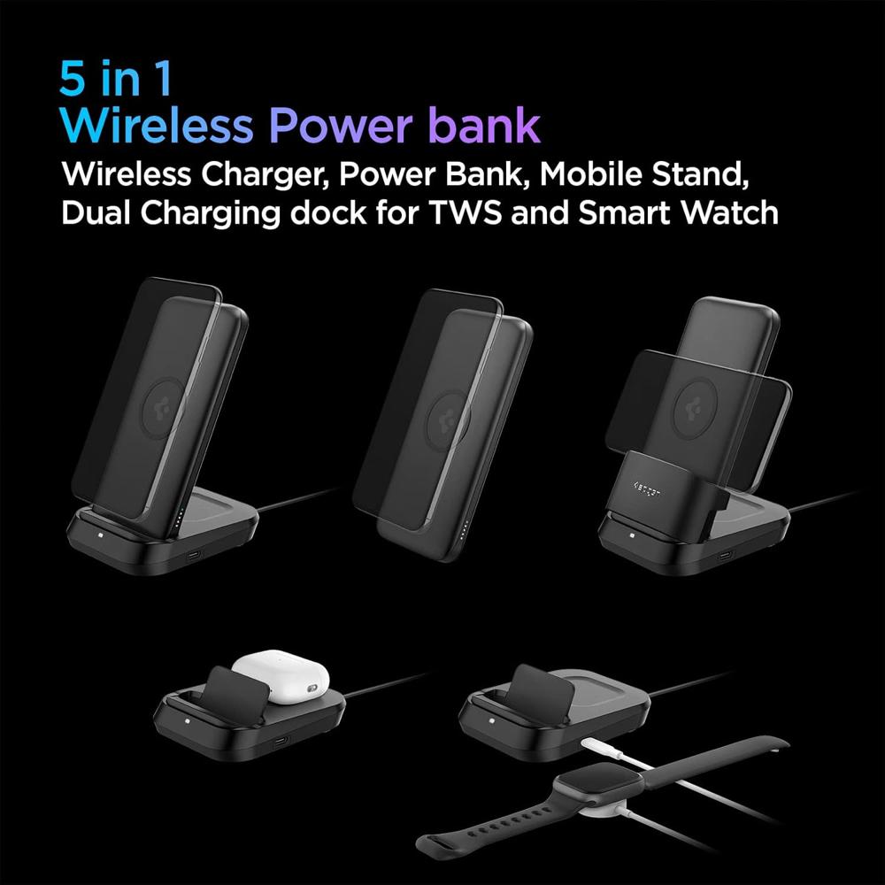 Spigen 10000mAh, 5 in 1 Wireless Power Bank- Black