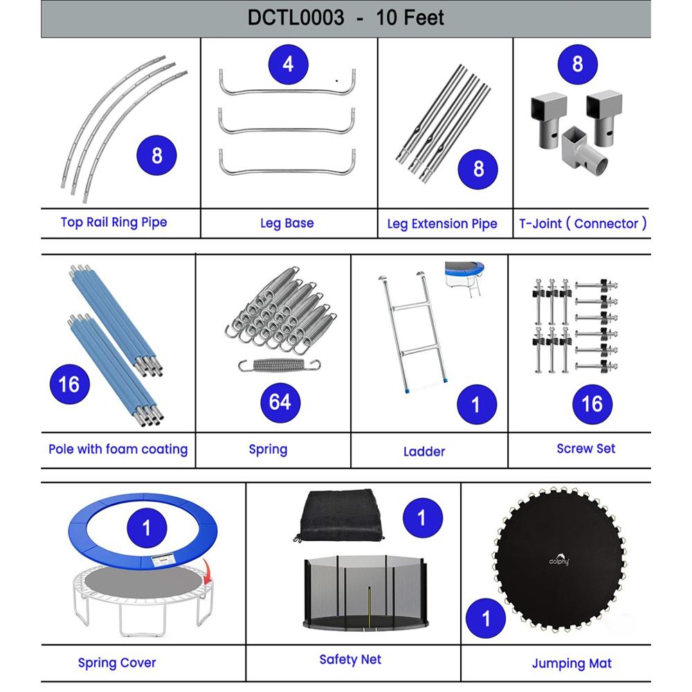 Dolphy 10 Feet Jumping Trampoline With Enclosure - Color: Black & Blue