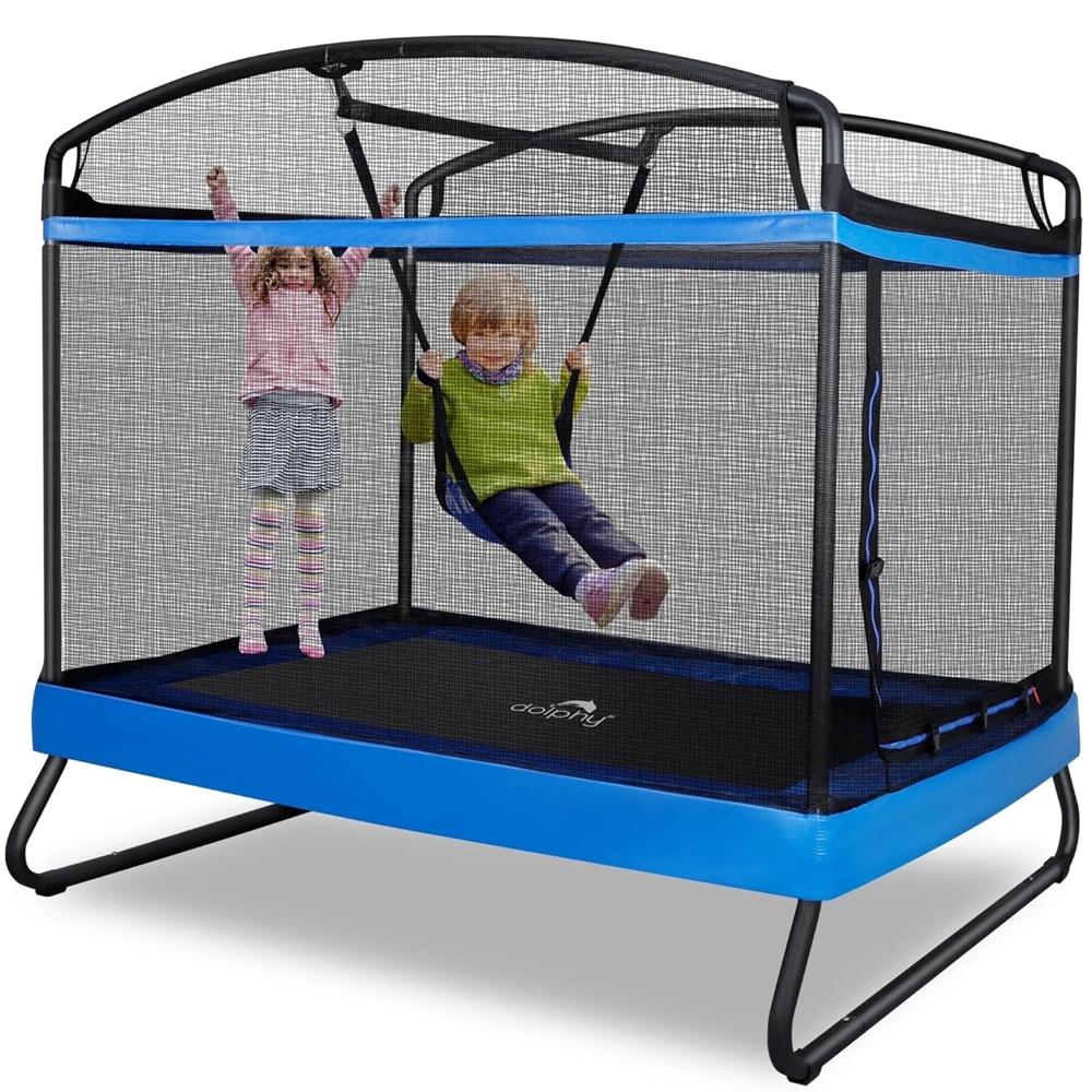 2-In-1 Kids Trampoline With Swing Set & Safety Net | 6 Feet Rectangle Trampoline - Frame Material: Galvanized Steel Frames
