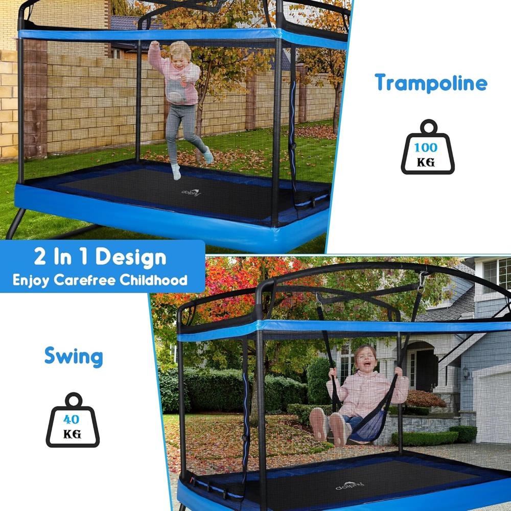 2-in-1 Kids Trampoline With Swing Set & Safety Net | 6 Feet Rectangle Trampoline - Frame Material: Galvanized Steel Frames