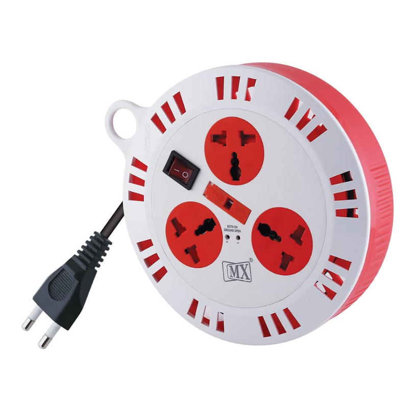 Mx Round Extension Board | 10 Ft (3M) Cord With 3 Universal Sockets Master Switch Safety Shutter & Fuse Protection | Power Strip For Home Office Charging Station Wall Mount - Warranty: No Warranty
