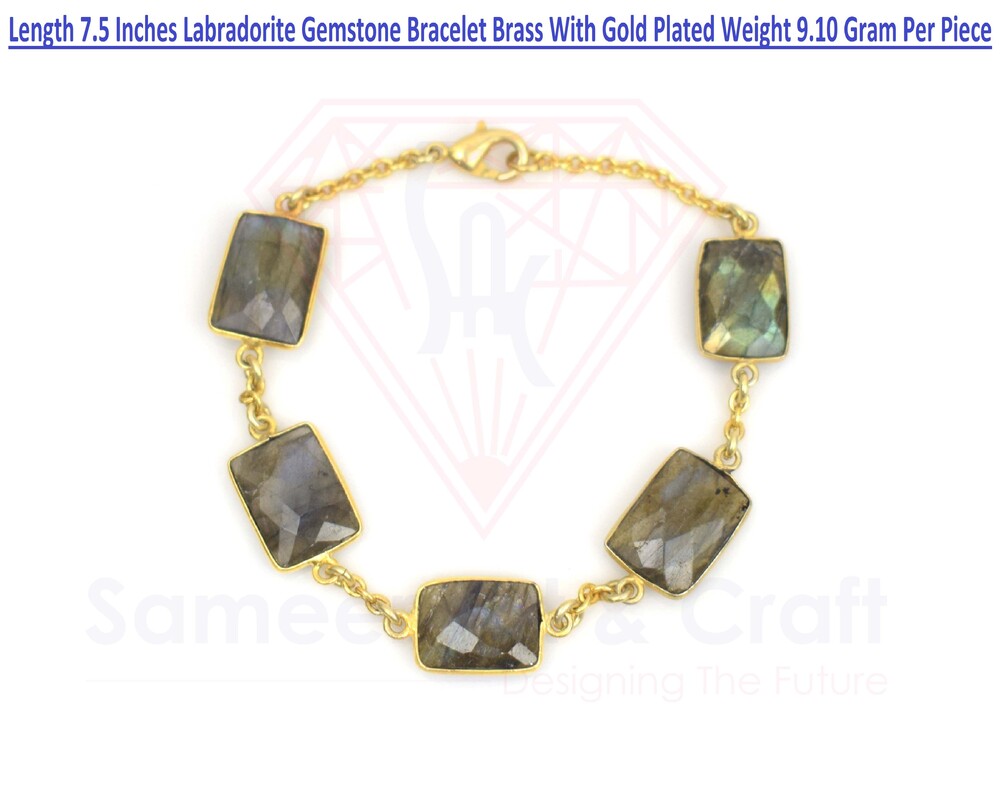 Natural Labradorite Gemstone Bracelet Brass With Gold Plated