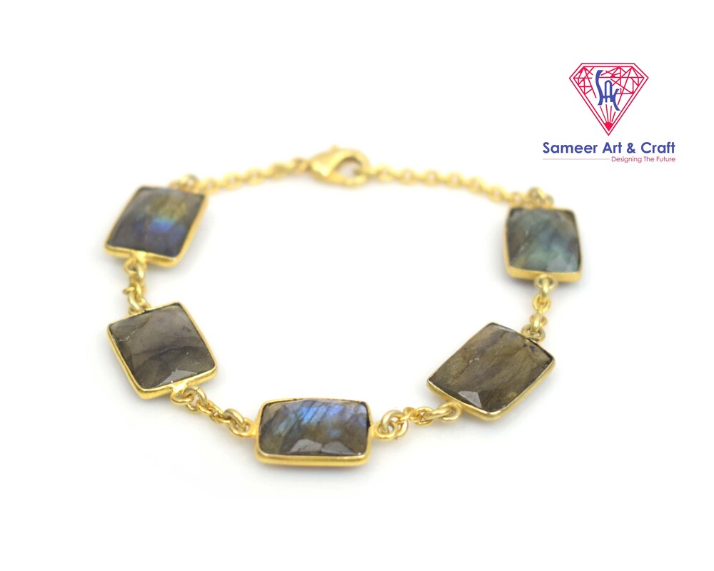 Natural Labradorite Gemstone Bracelet Brass With Gold Plated