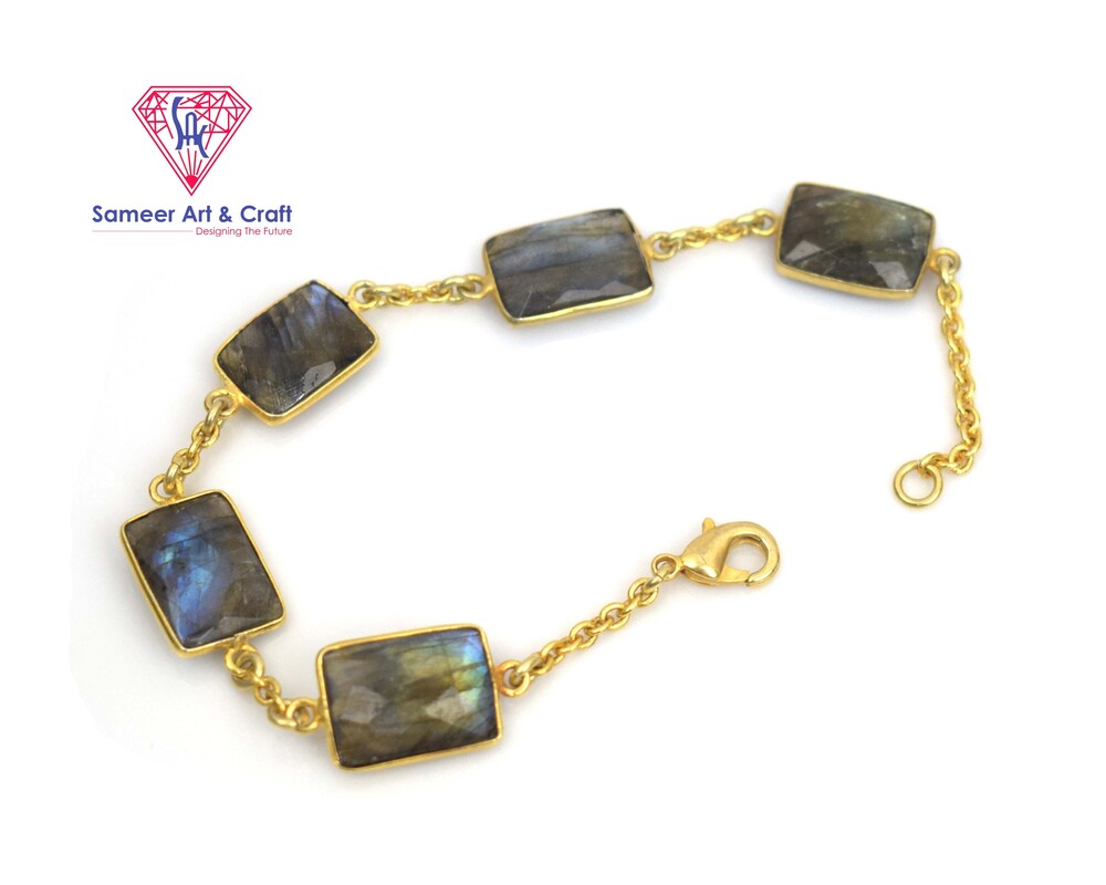 Natural Labradorite Gemstone Bracelet Brass With Gold Plated