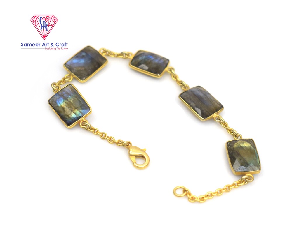 Natural Labradorite Gemstone Bracelet Brass With Gold Plated