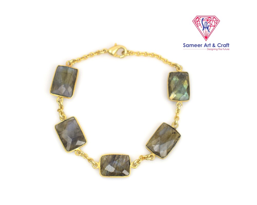 Natural Labradorite Gemstone Bracelet Brass With Gold Plated