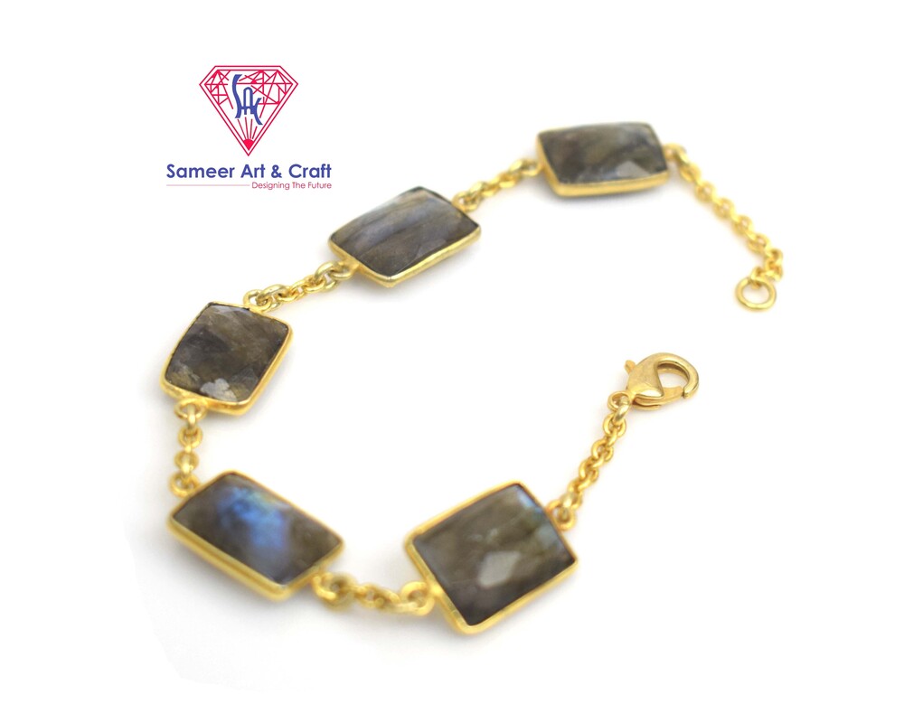 Natural Labradorite Gemstone Bracelet Brass With Gold Plated