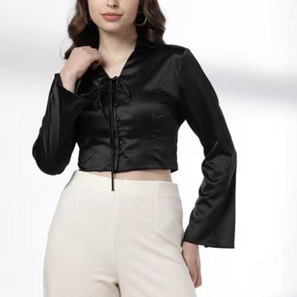 Export surplus women's Black Satin Tie-Up Crop Top