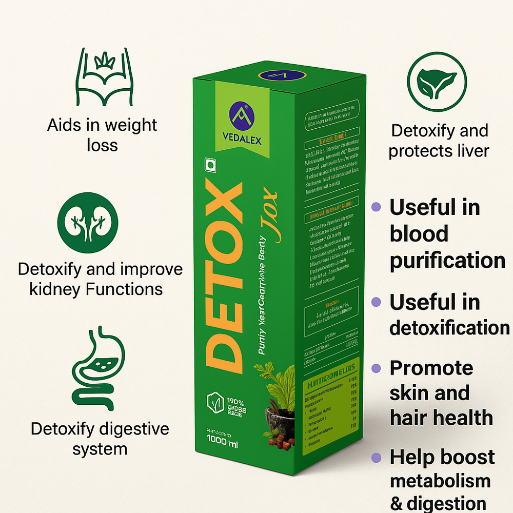 Vedalex Detox Juice Sugar-Free 1000 ml | Ayurvedic Herbal Kwath with Lemongrass, Amla, Harad, Bahera, Aloe Vera, Pudina & Jeera