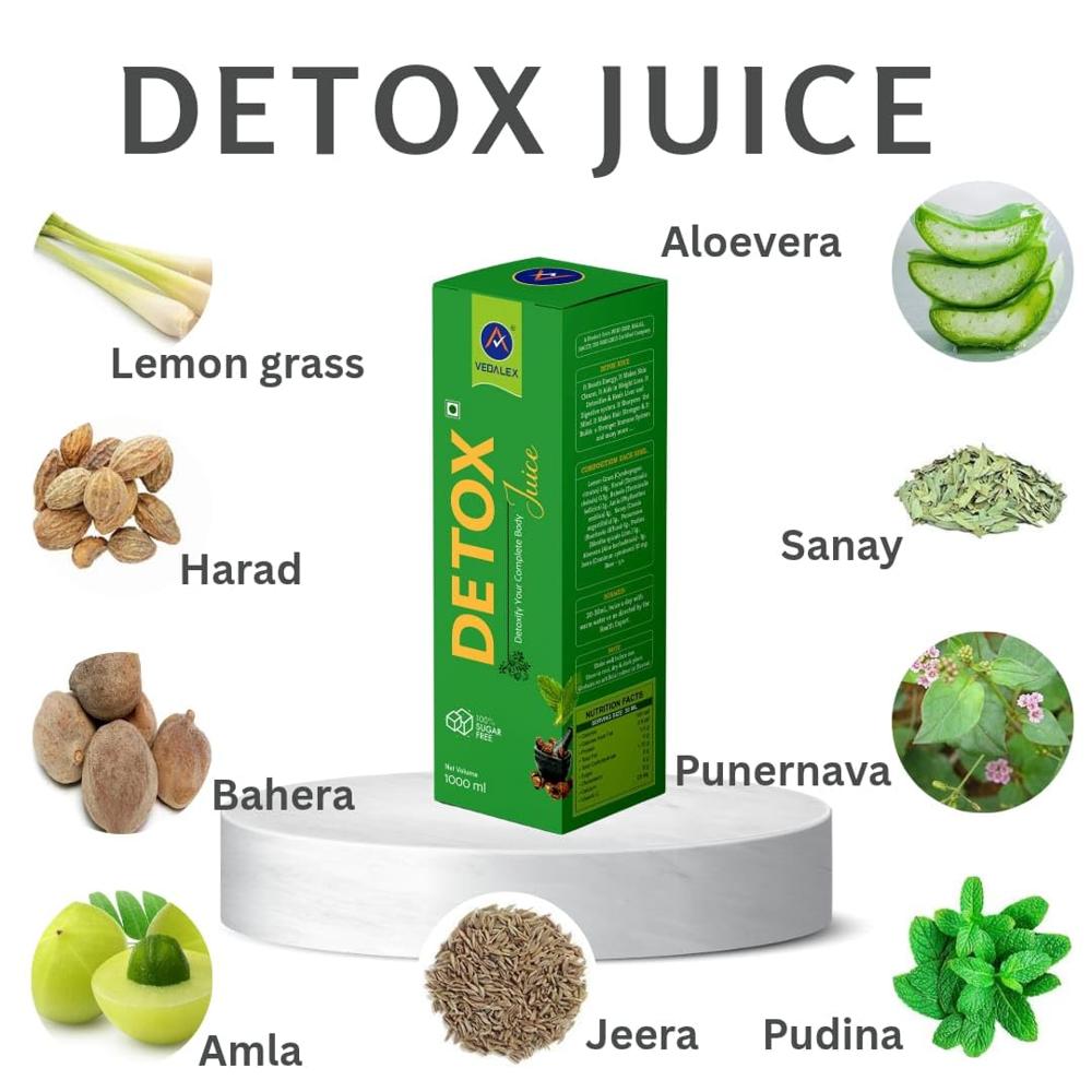 Vedalex Detox Juice Sugar-Free 1000 ml | Ayurvedic Herbal Kwath with Lemongrass, Amla, Harad, Bahera, Aloe Vera, Pudina & Jeera