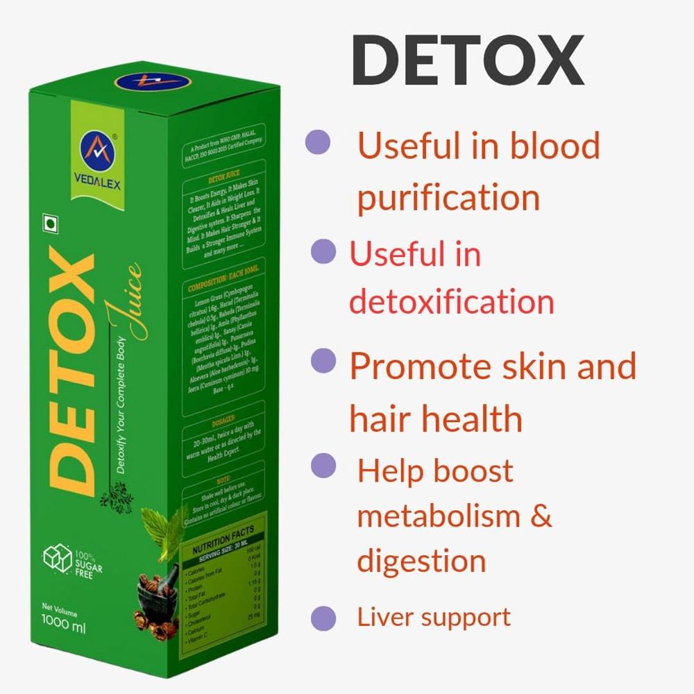 Vedalex Detox Juice Sugar-Free 1000 ml | Ayurvedic Herbal Kwath with Lemongrass, Amla, Harad, Bahera, Aloe Vera, Pudina & Jeera