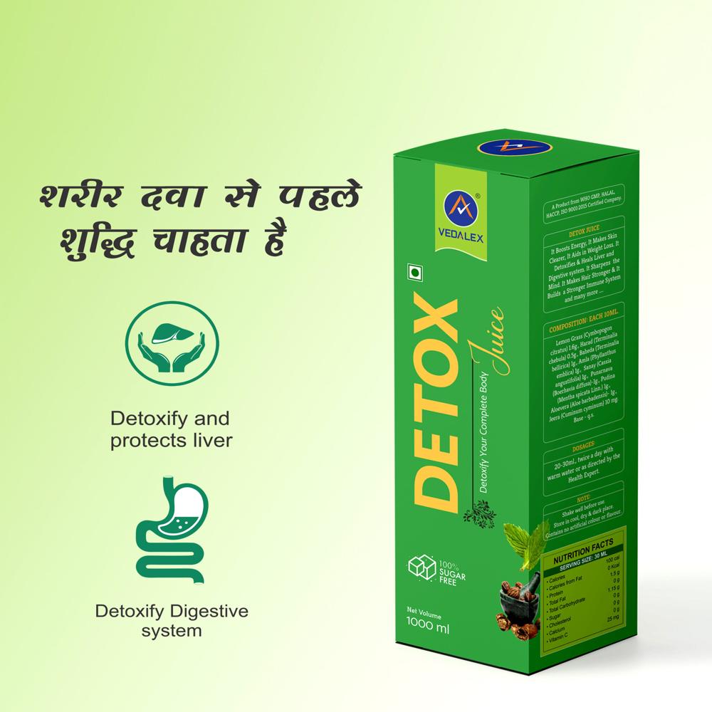Vedalex Detox Juice Sugar-Free 1000 ml | Ayurvedic Herbal Kwath with Lemongrass, Amla, Harad, Bahera, Aloe Vera, Pudina & Jeera