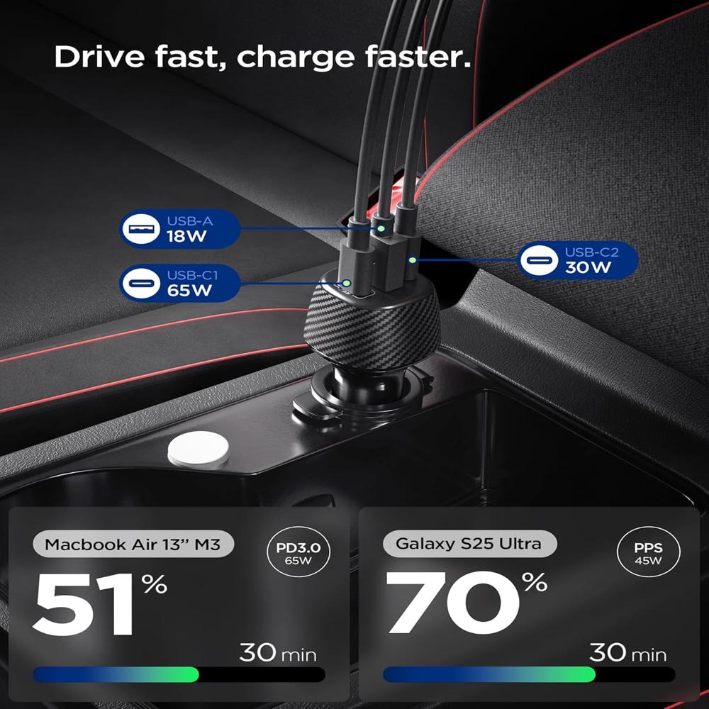 Spigen Triple Port Car Charger Total 113w- Black - Feature: Pps Fast Charging