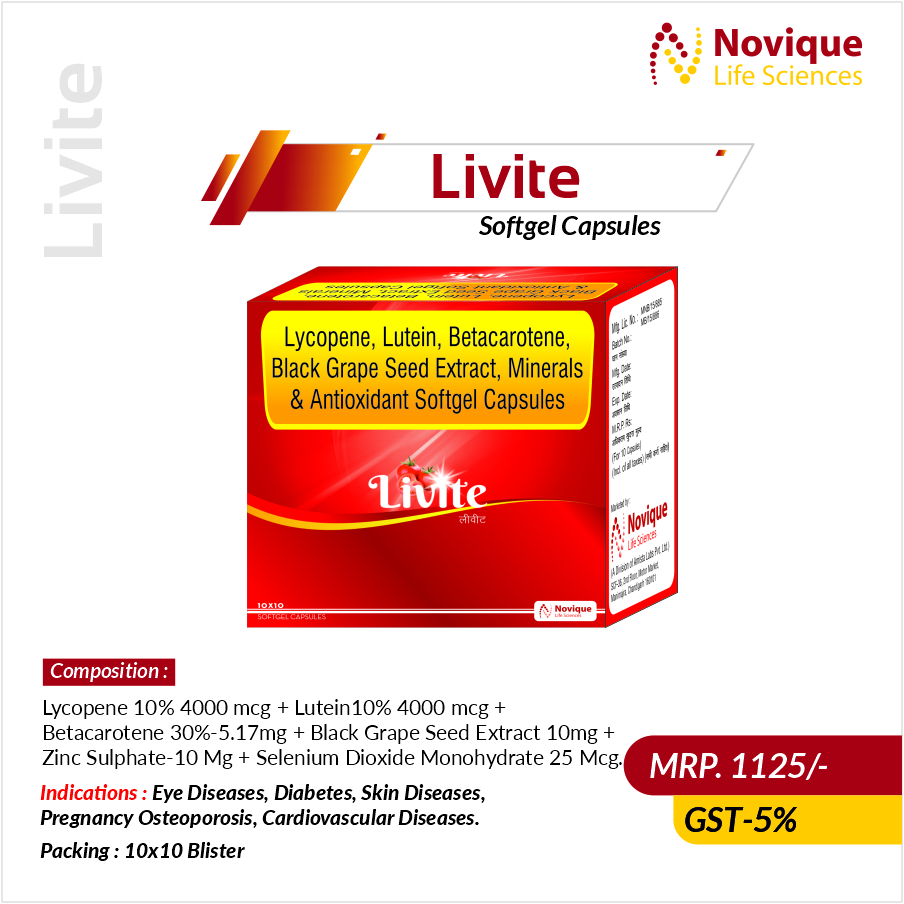 Lycopene 10% 4000 Mcg + Lutein10% 4000 Mcg + Betacarotene 30% 5.17Mg + Black Grape Seed Extract 10Mg + Zinc Sulphate 10 Mg + Selenium Dioxide Monohydrate 25 Mcg